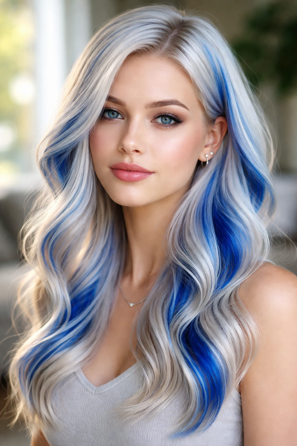 Close-up of a real woman with icy platinum hair and sapphire streaks