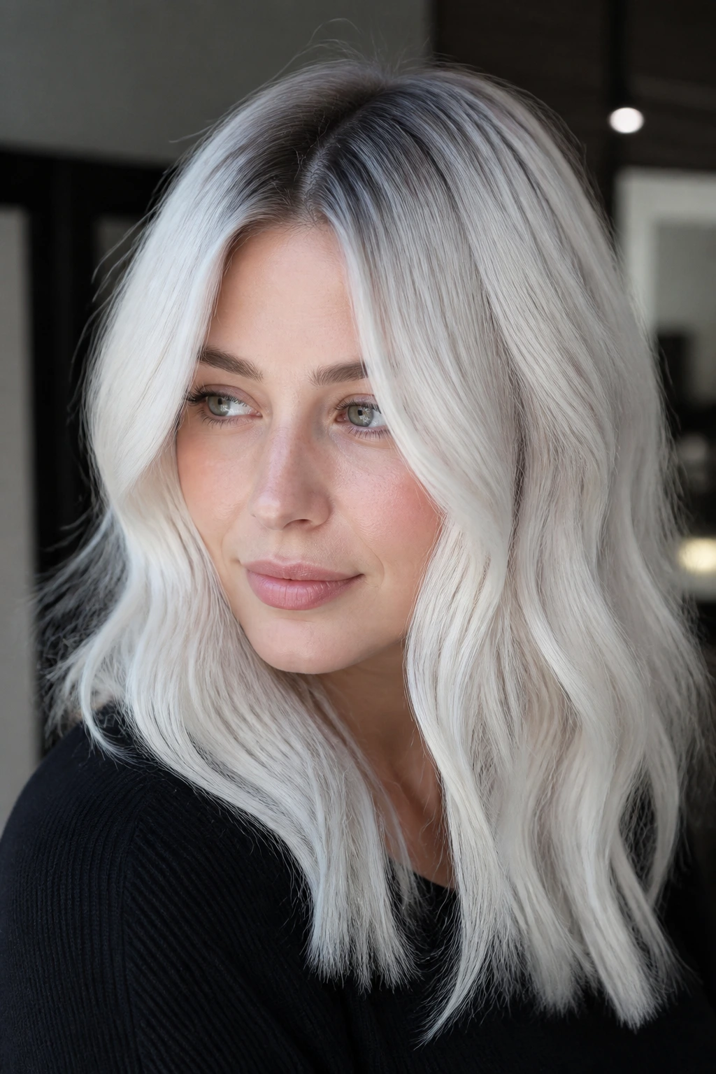 Close-up portrait of a real woman with icy platinum hair and a dark shadow root.
