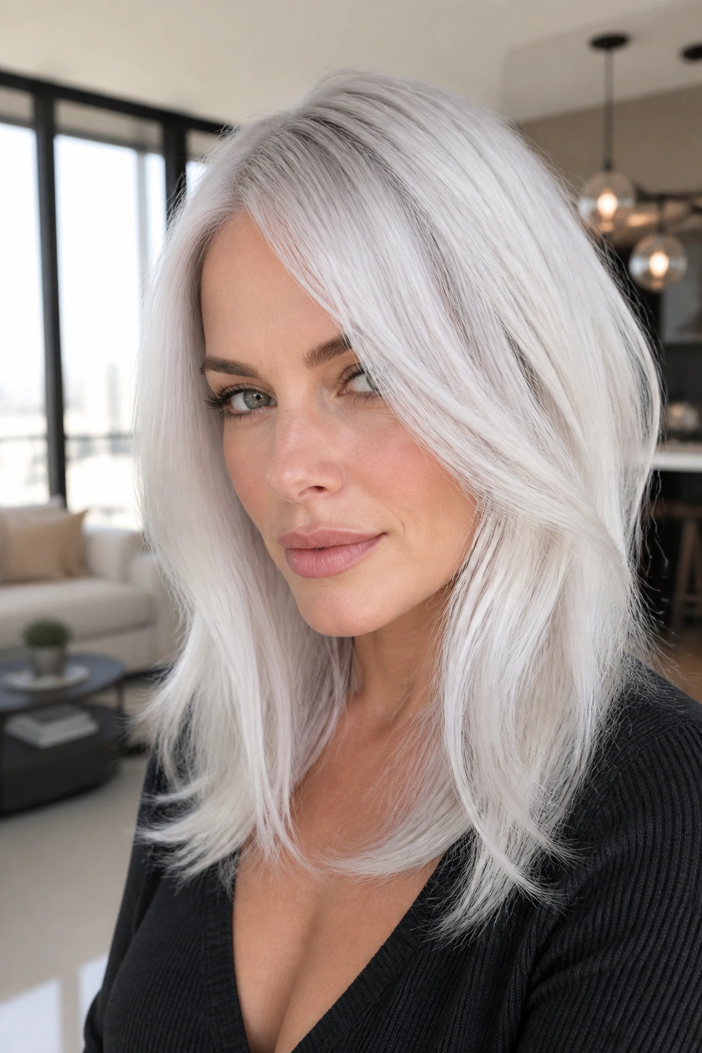 Close-up portrait of a real woman with icy platinum silver white hair in natural window light