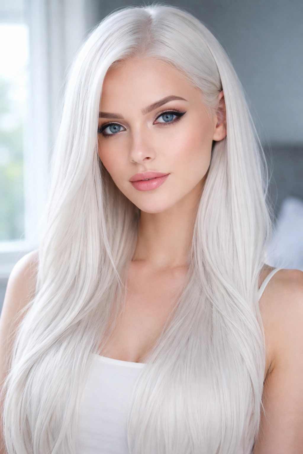 Close-up portrait of a person with icy platinum white hair in cool lighting.