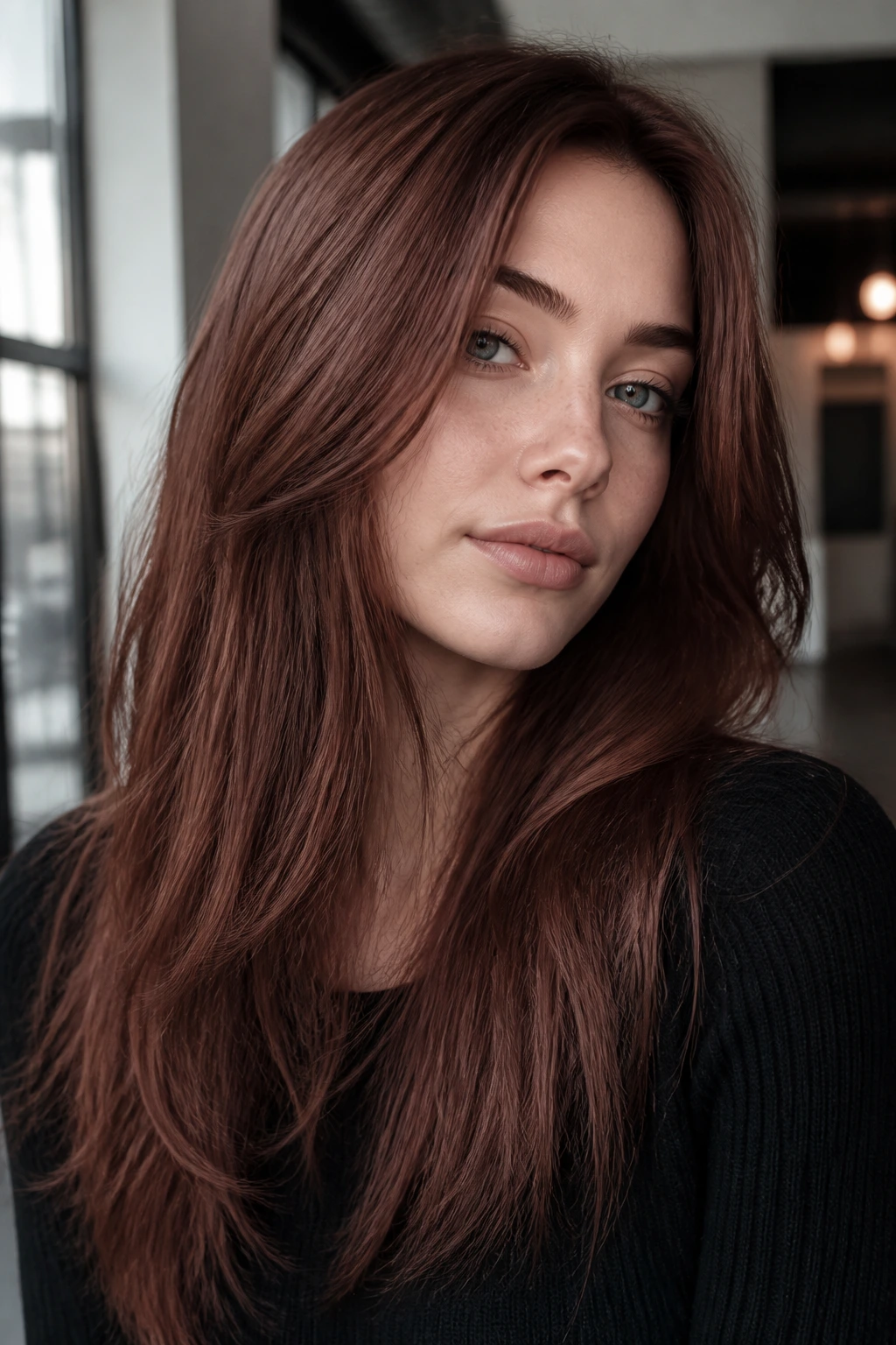 Close-up portrait of a real person with icy red-brown hair in cool light