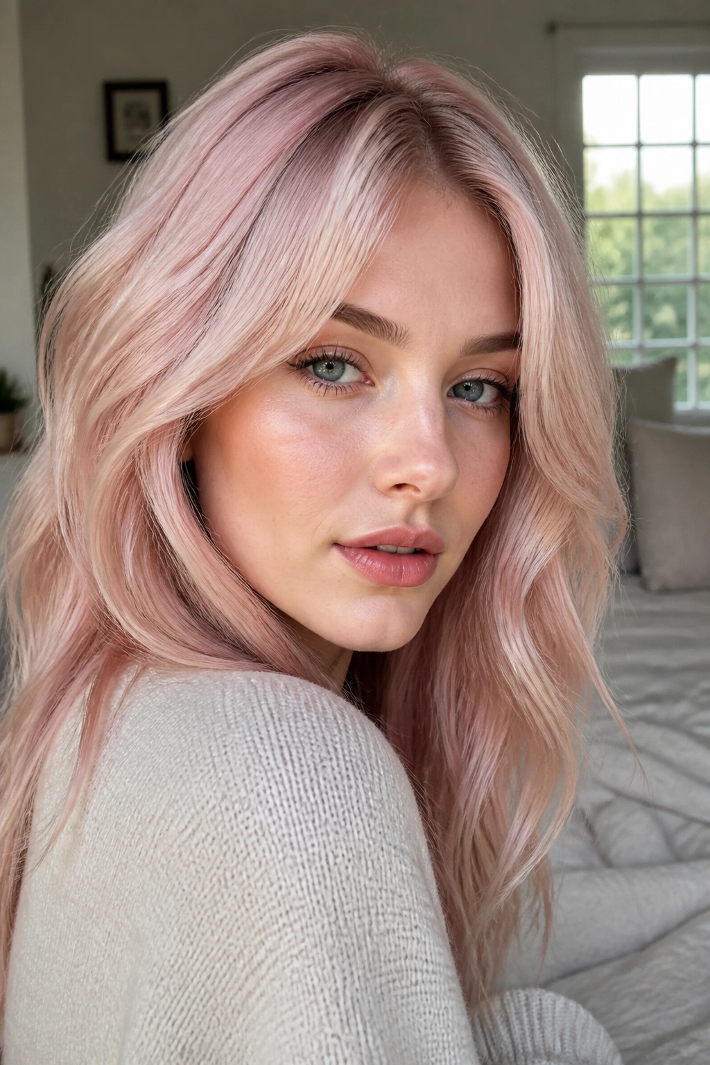 Close-up portrait of a real woman with icy rose blonde hair in window light