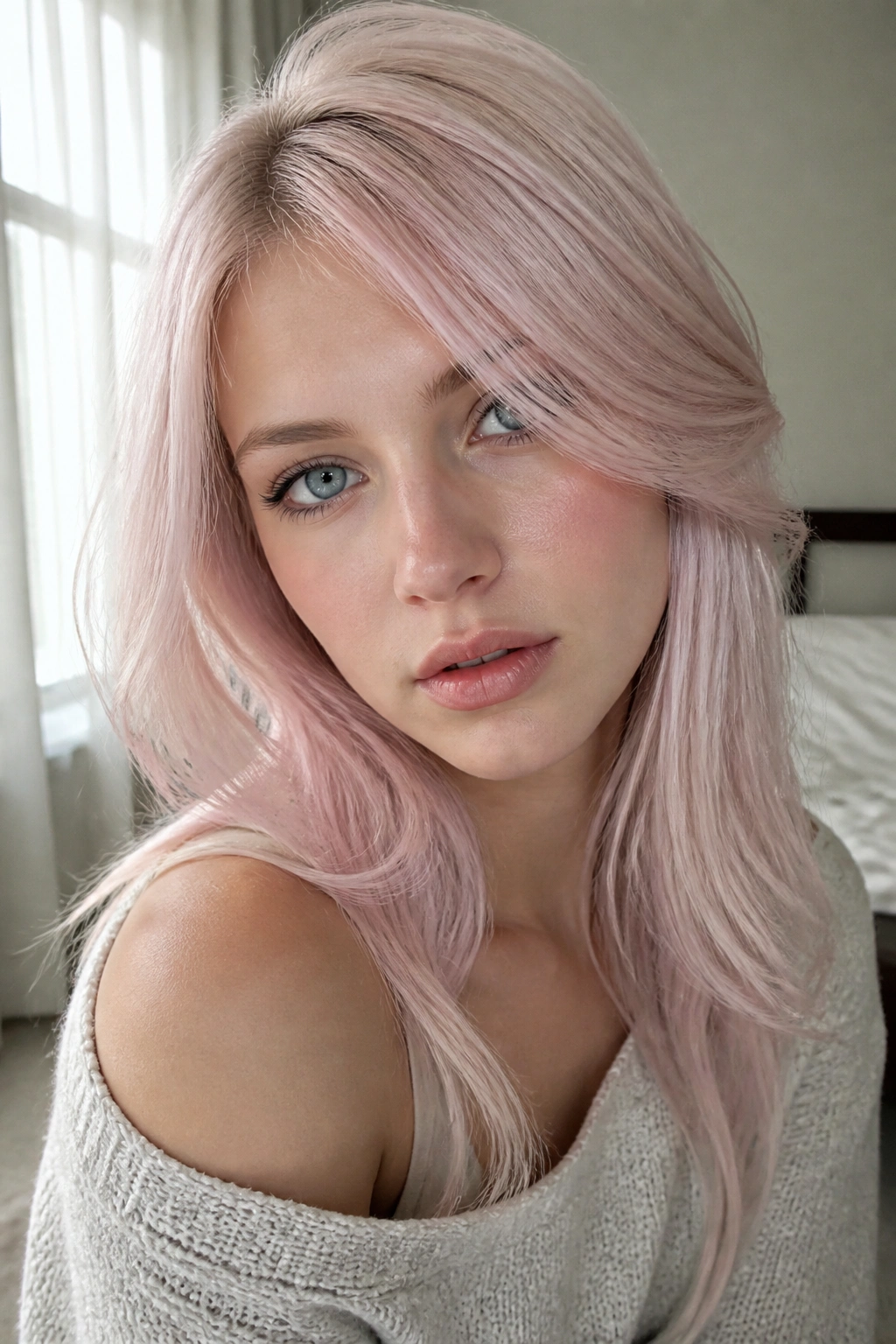 Close-up portrait of a real person with icy rose blonde hair in window-light bedroom