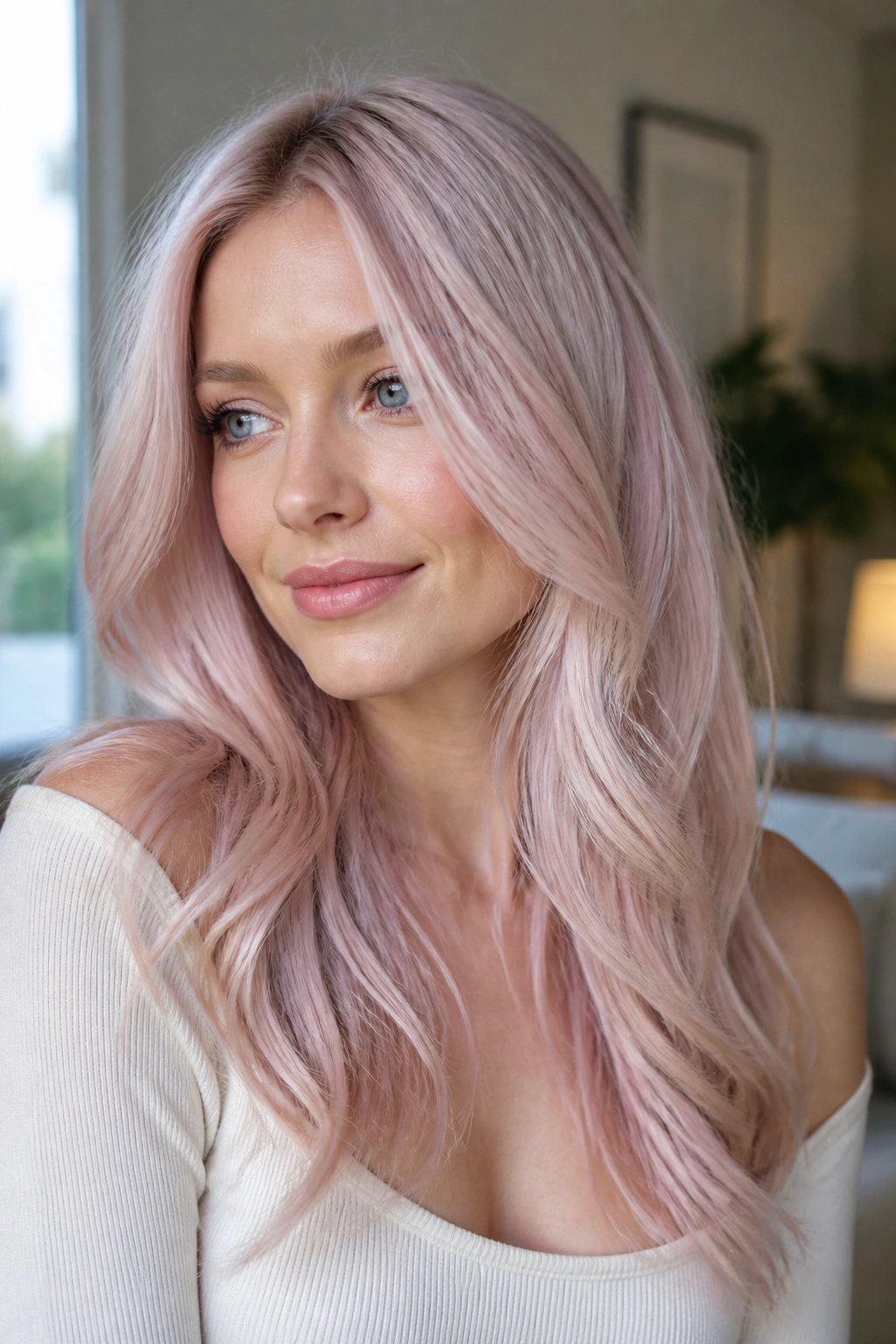Close-up portrait of a real woman with icy rose blonde hair in natural window light