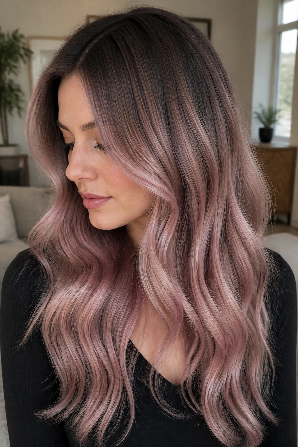Portrait of a woman with icy rose gold balayage under natural daylight