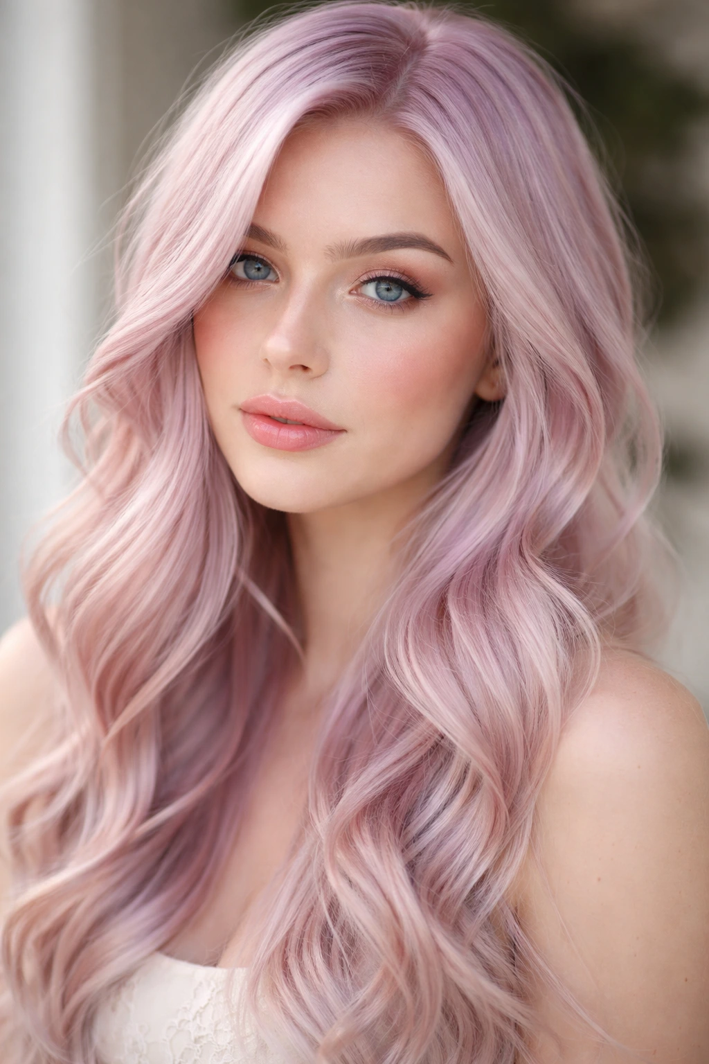 Close-up of a real person with icy rose gold hair under natural daylight