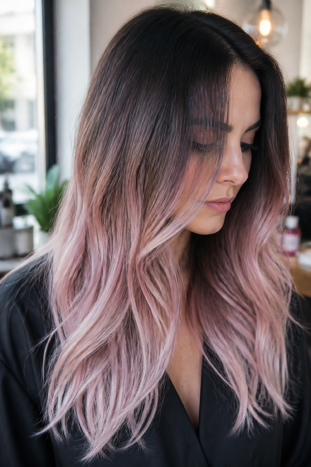 Close-up of brunette hair with icy rose ombré from roots to ends.