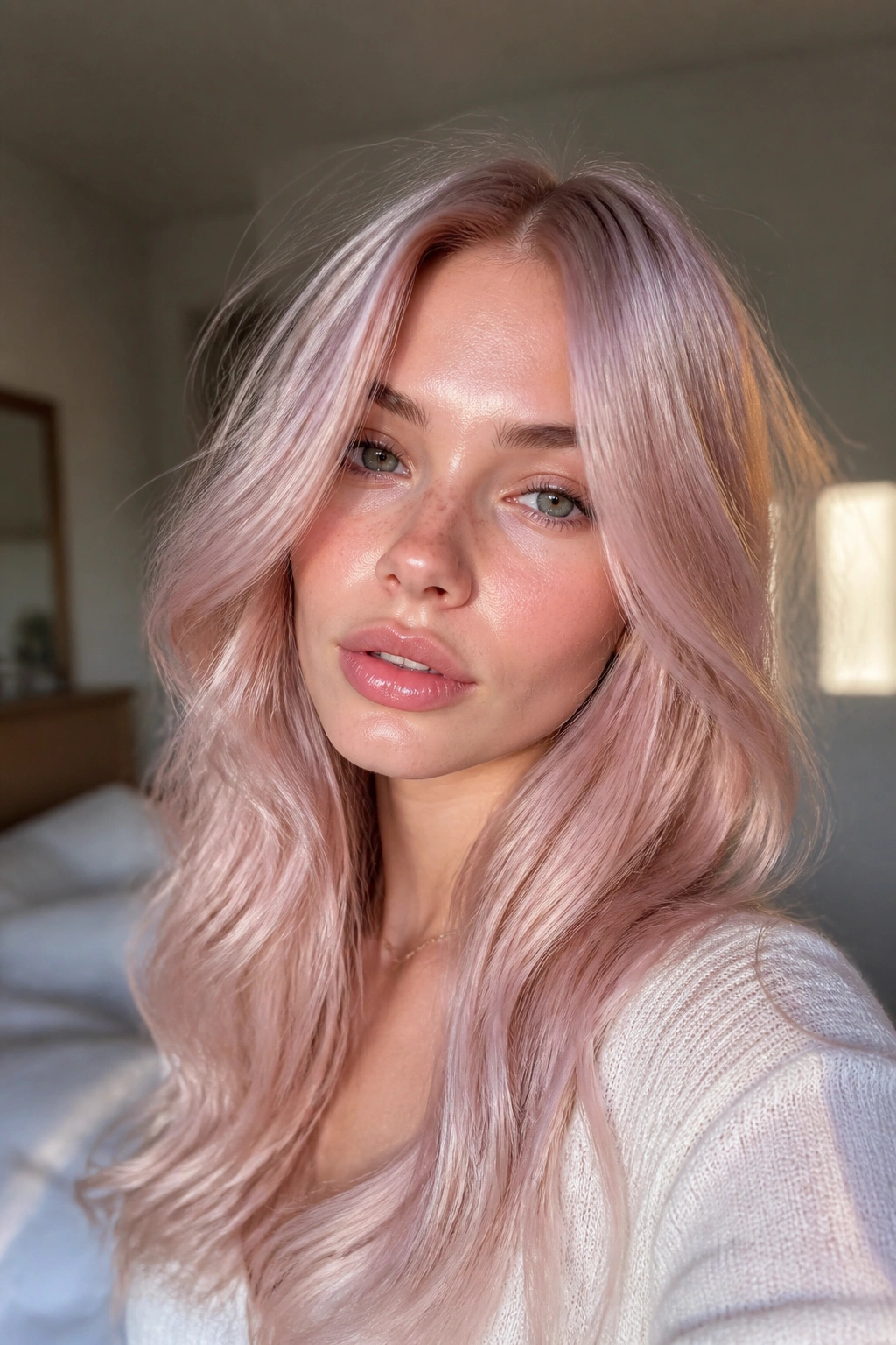 Close-up portrait of a real woman with icy rose quartz hair on pale blonde base in natural window light