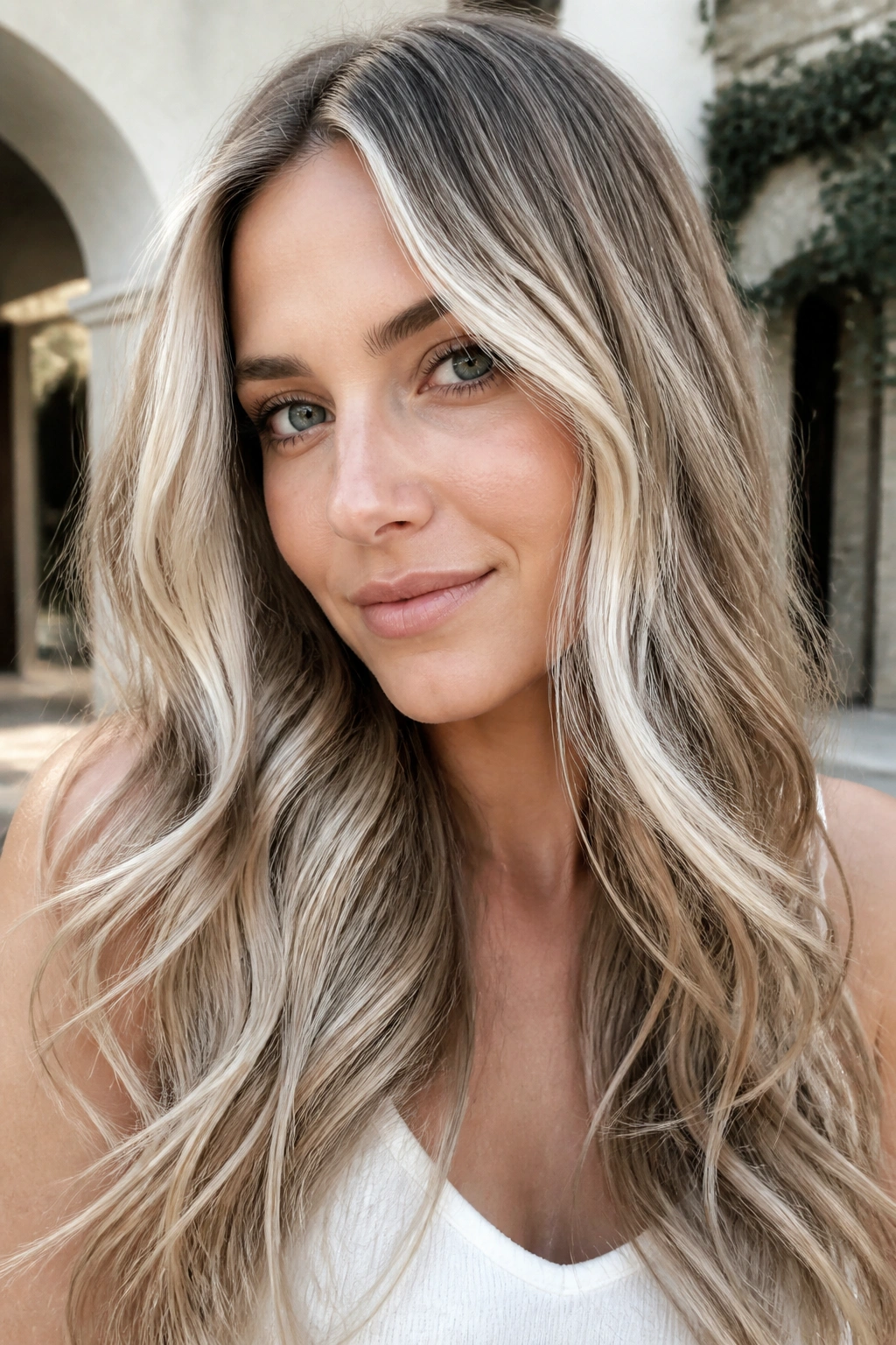 Close-up portrait of a real woman with icy sandy balayage and light ribbons around the face