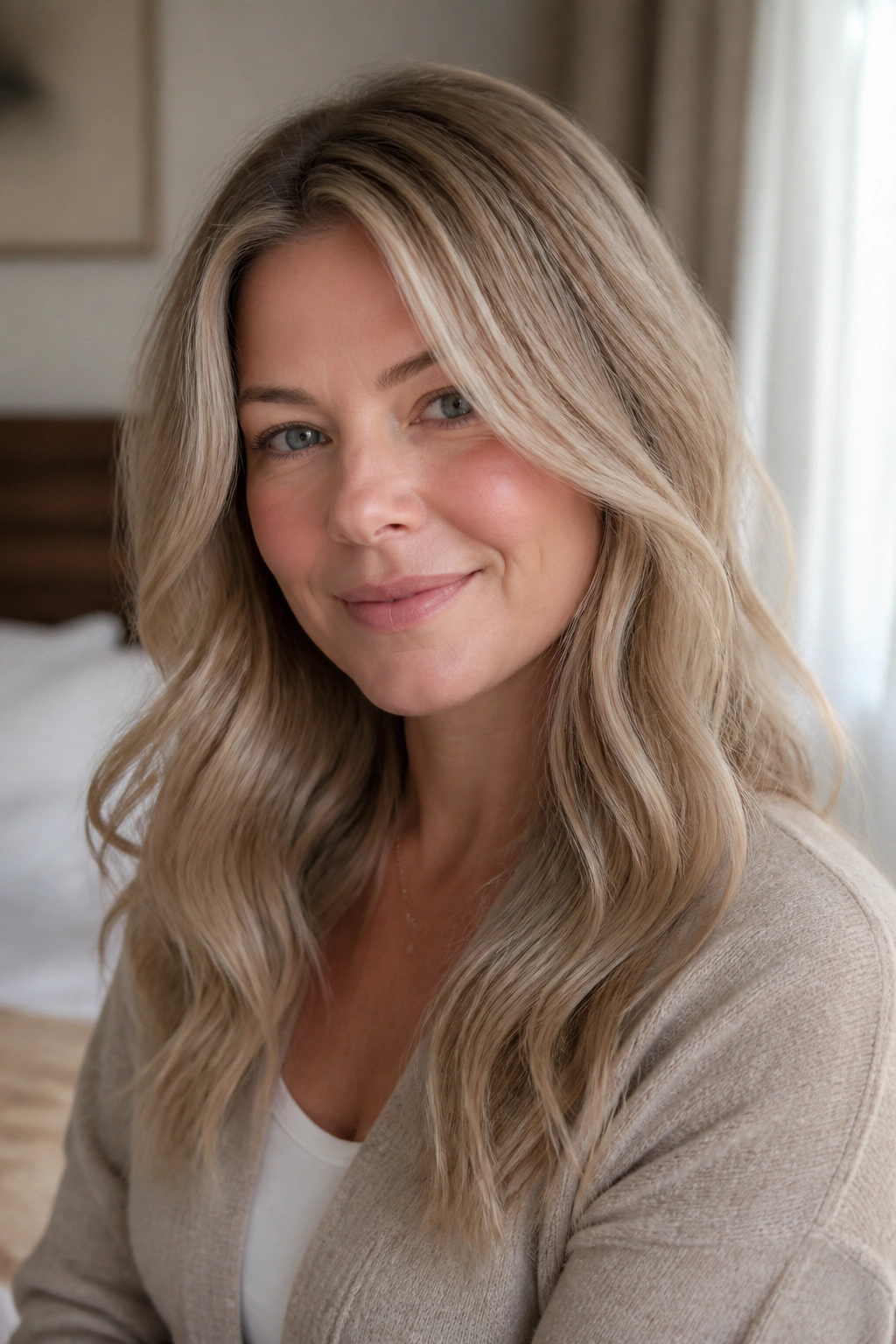 Close-up portrait of a real woman with icy sandy beige blonde hair and cool rosy skin
