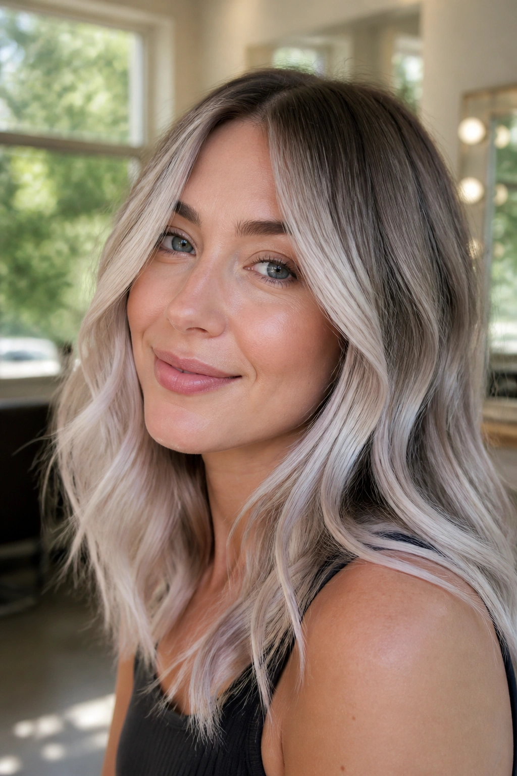 Close-up portrait of a real person with icy silver balayage on dark blonde base