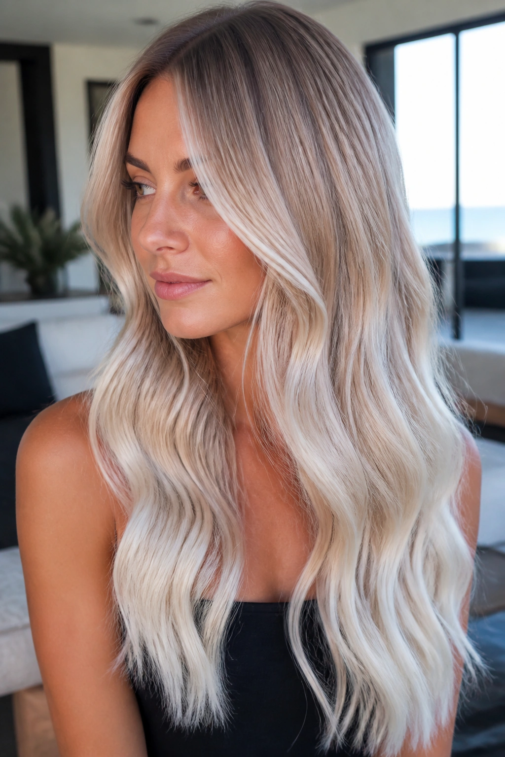 Close-up of a real woman's long hair with icy silver-beige ombre