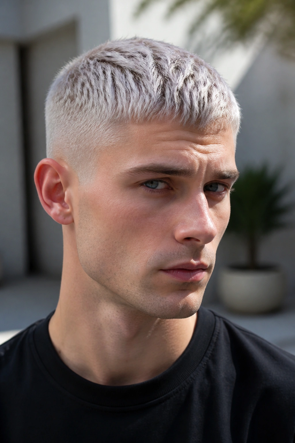 Close-up portrait of a man with an icy silver-blonde crop in daylight