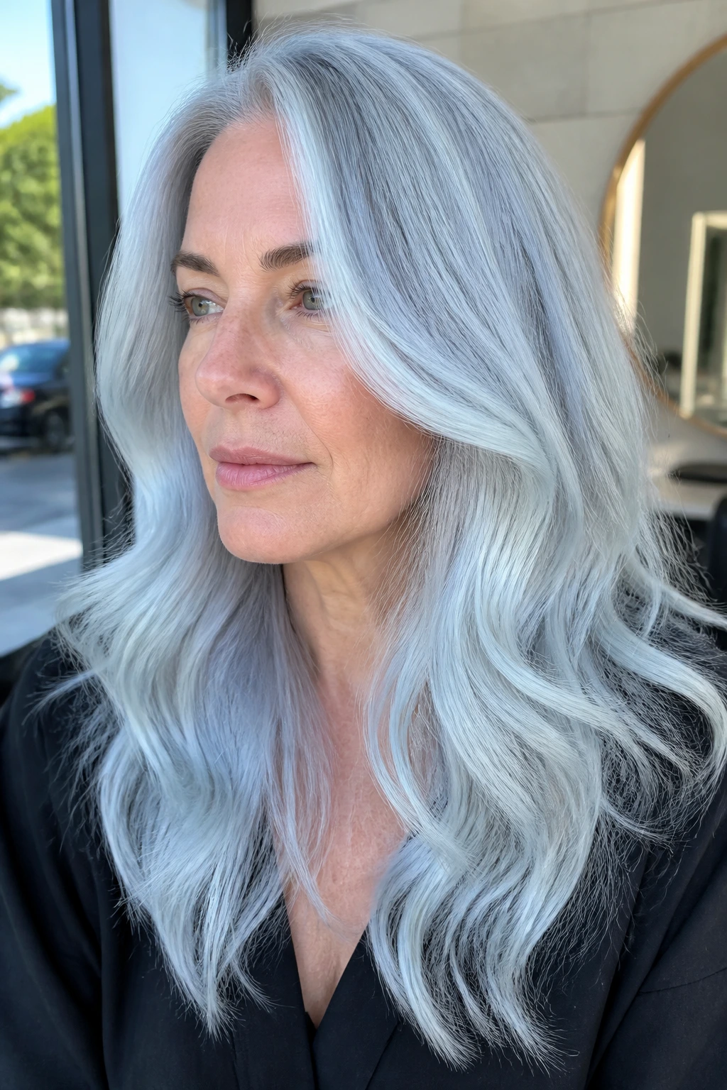 Close-up portrait of a woman with icy silver hair and a blue cast in a sunlit salon.