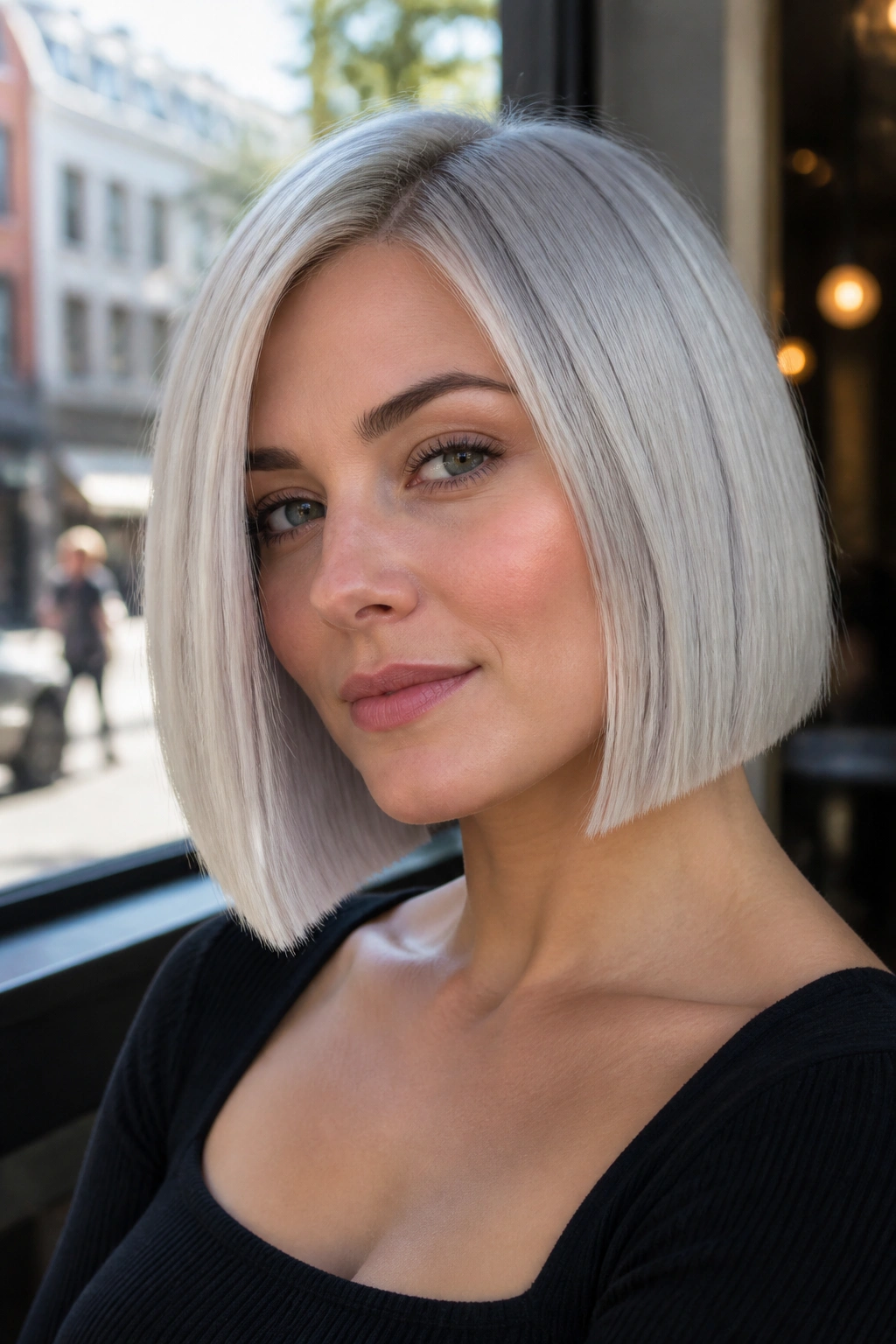 Close-up portrait of a real woman with an icy silver bob and blunt ends