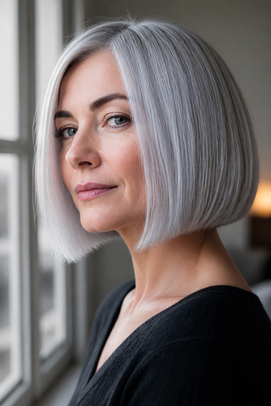 Close-up portrait of a real woman with an icy silver bob for cool skin tones.