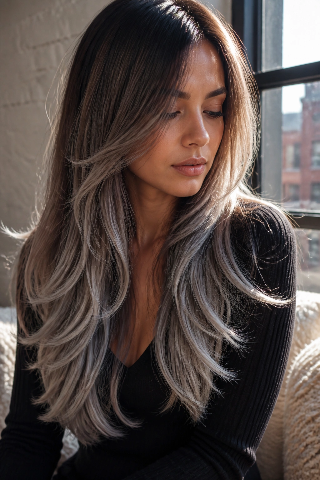Portrait of a real person with long layered brown hair and icy silver ends.