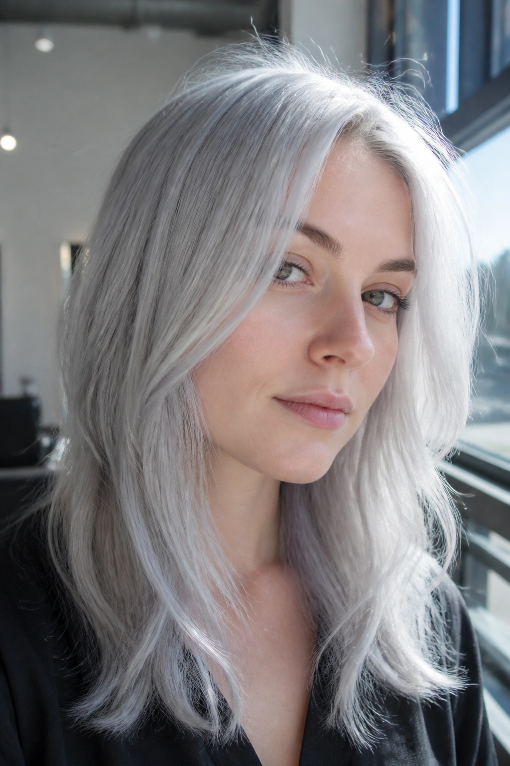Close-up of a real person with icy silver frost hair
