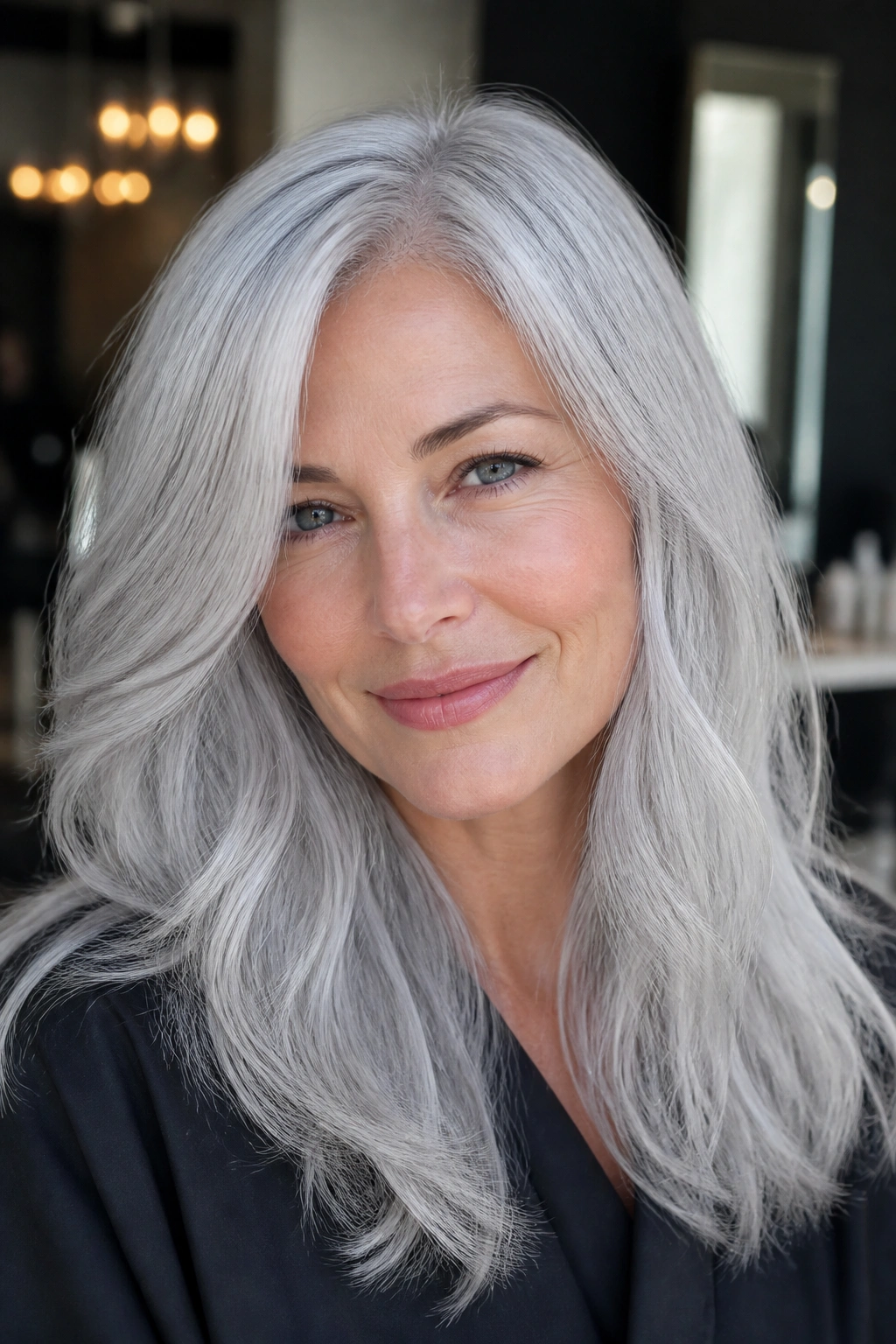 Close-up of a woman with icy silver all-over hair in a sunlit salon