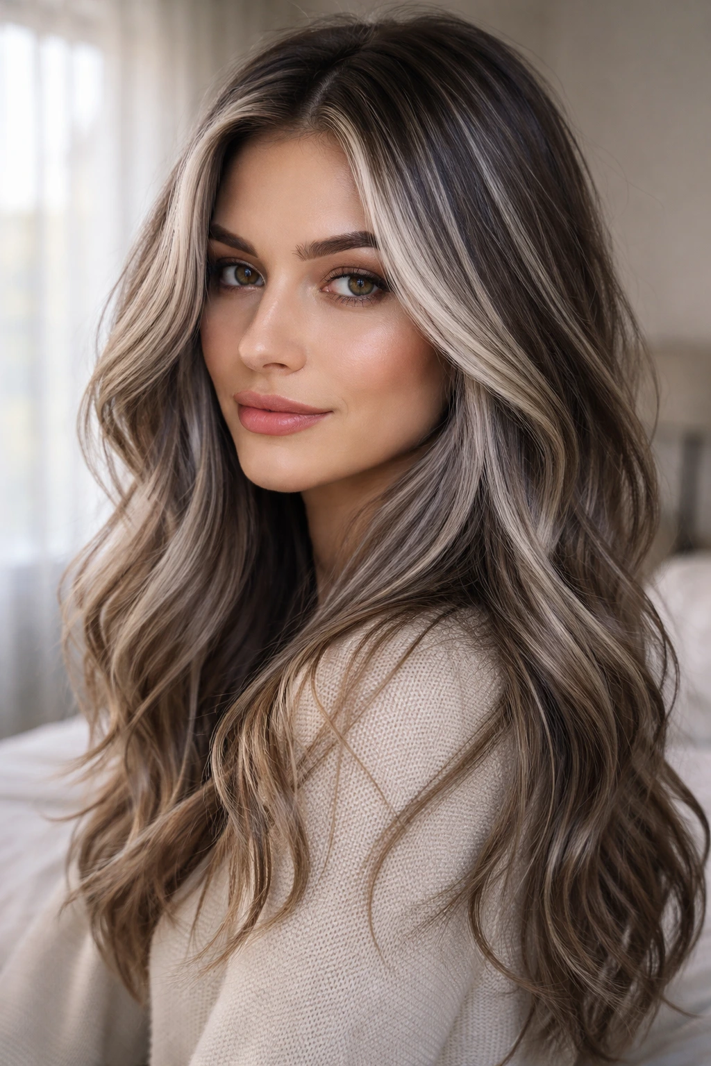 Portrait of a real person with icy silver highlights in ash-brown base