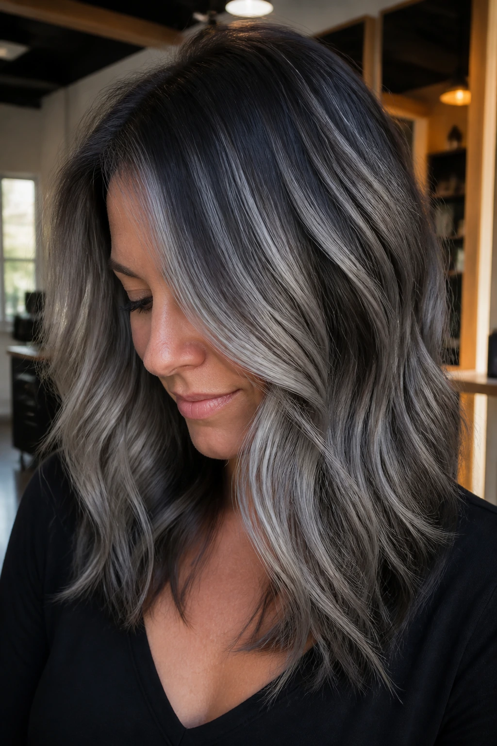 Portrait of a person with layered mid-length hair in icy silver mushroom blend.