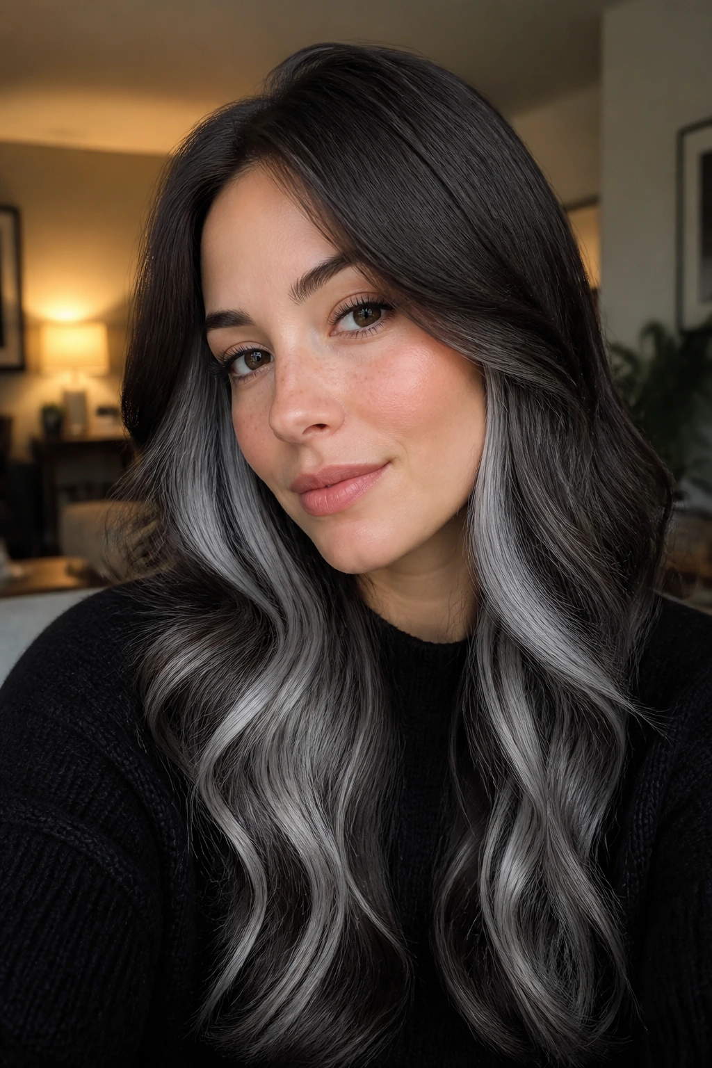 Close-up portrait of a real woman with icy silver peekaboo panels in brown hair under natural window light
