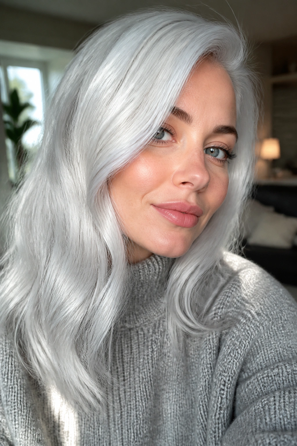 Close-up portrait of a real person with icy silver white hair