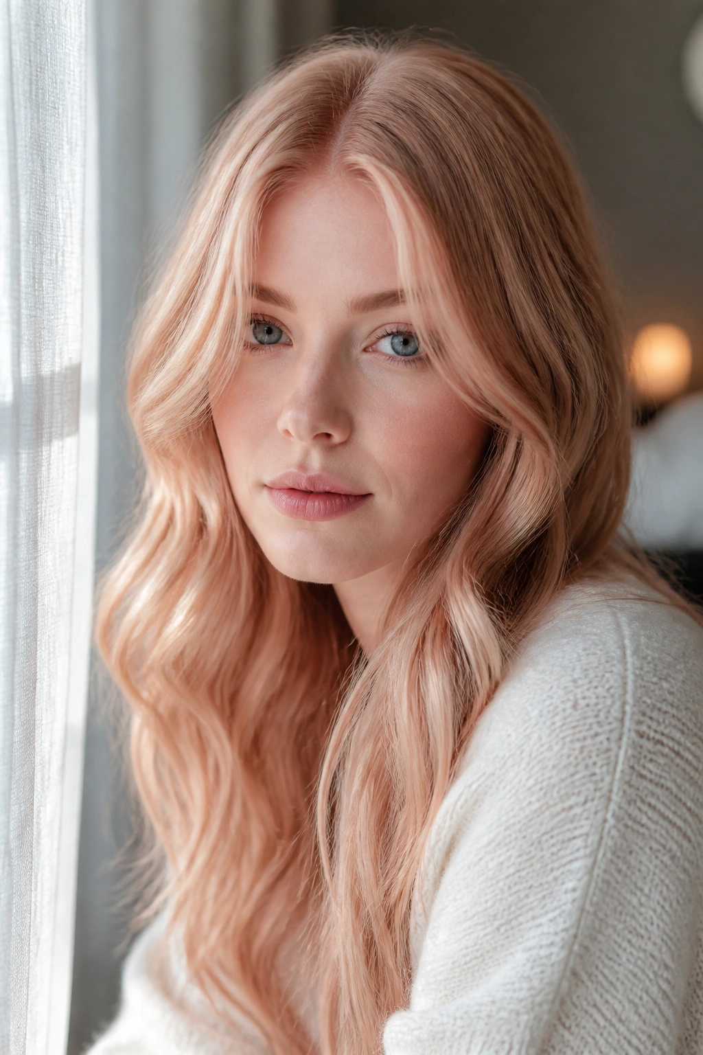 Close-up portrait of a woman with icy strawberry blonde hair and cool undertones