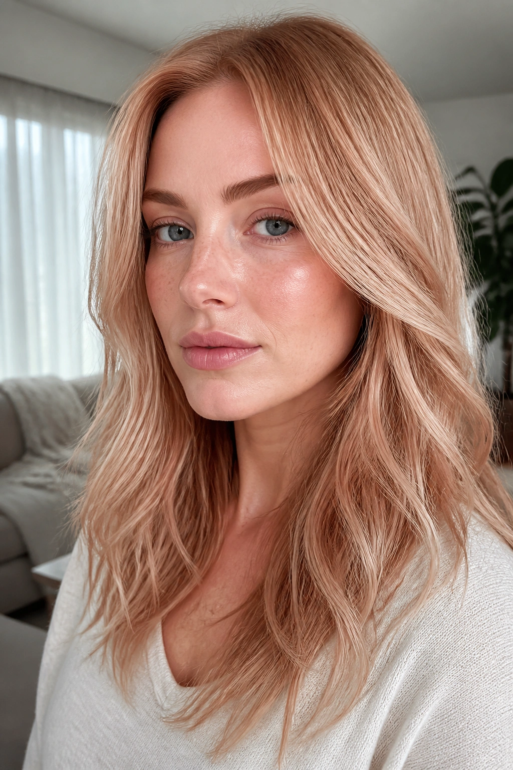 Close-up portrait of a real woman with icy strawberry blonde hair