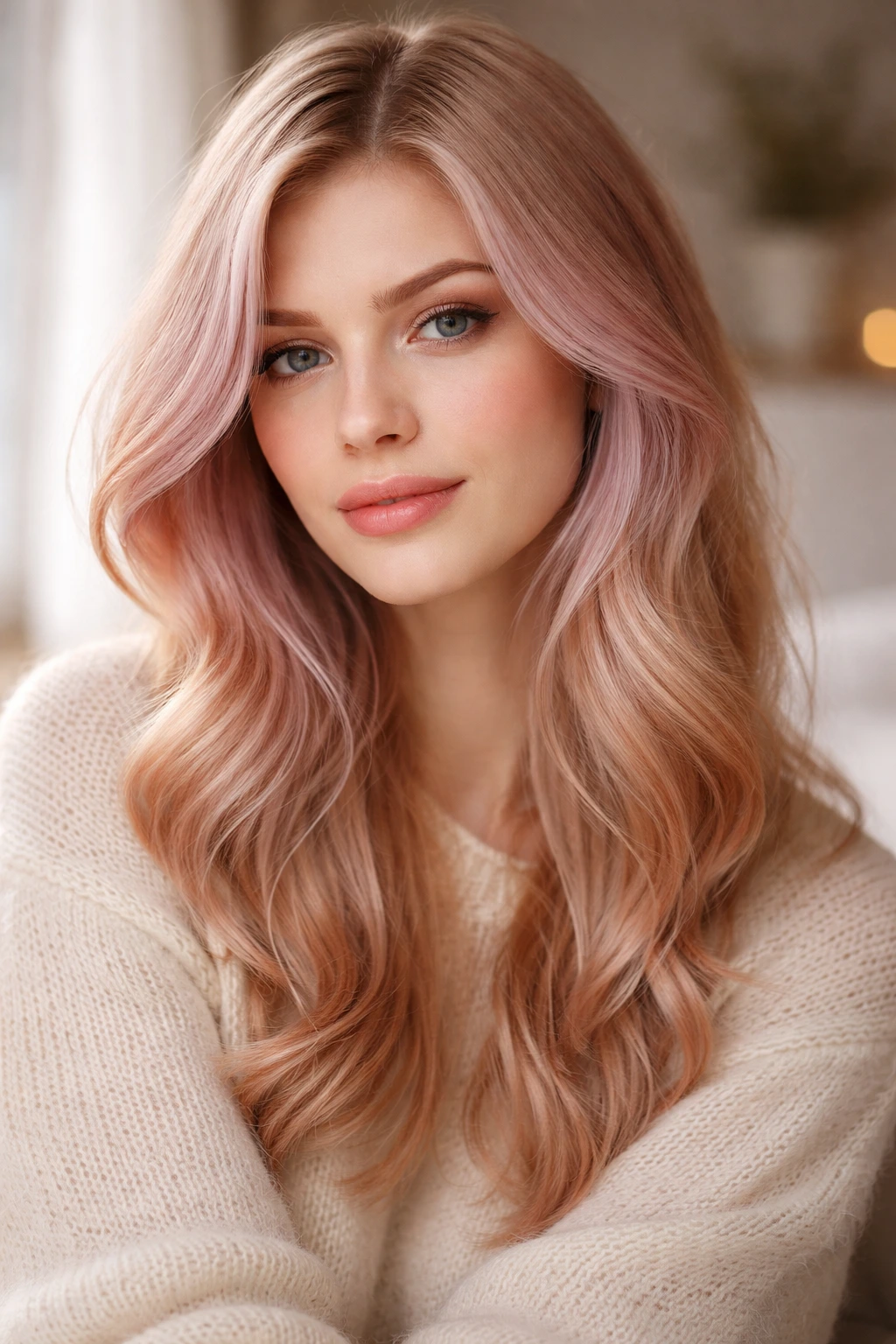 Close-up portrait of a real woman with icy strawberry blonde hair in soft window light
