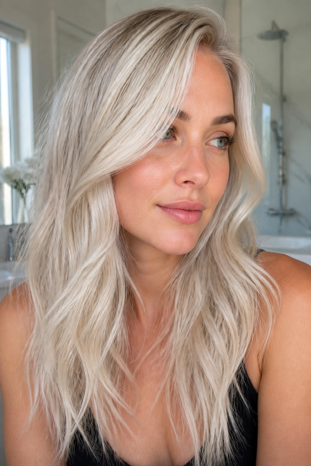 Close-up portrait of a woman with pale vanilla blonde hair under cool light