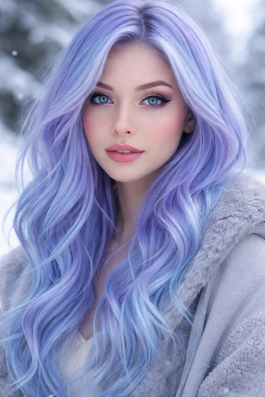 Close-up portrait of a real person with icy violet-blue hair