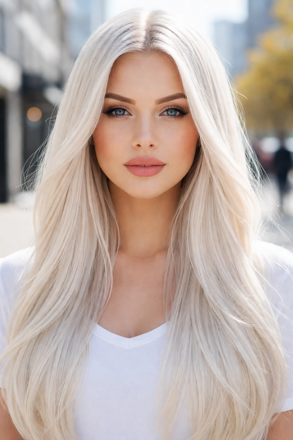 Portrait of a woman with icy white blonde hair in bright daylight