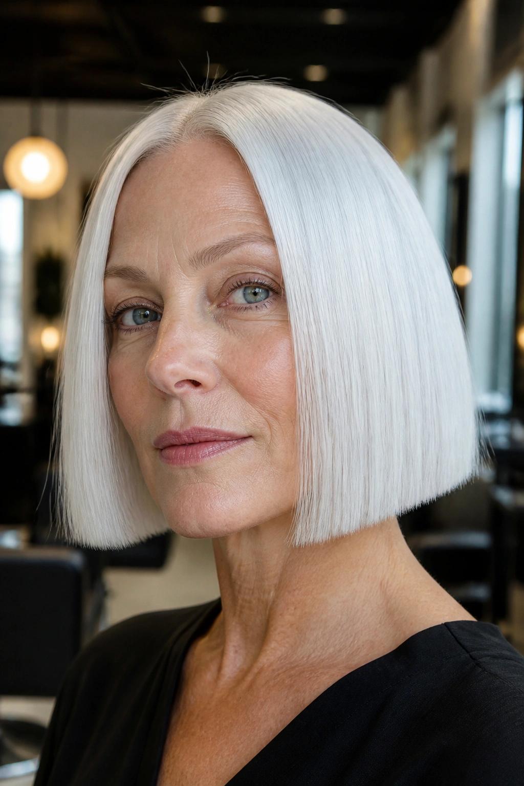 Real person with icy white bob and blunt ends in a chic salon setting.