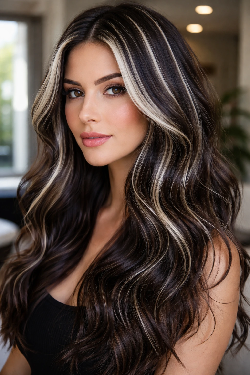 Dark brown hair with icy white highlights on surface layer in a real person
