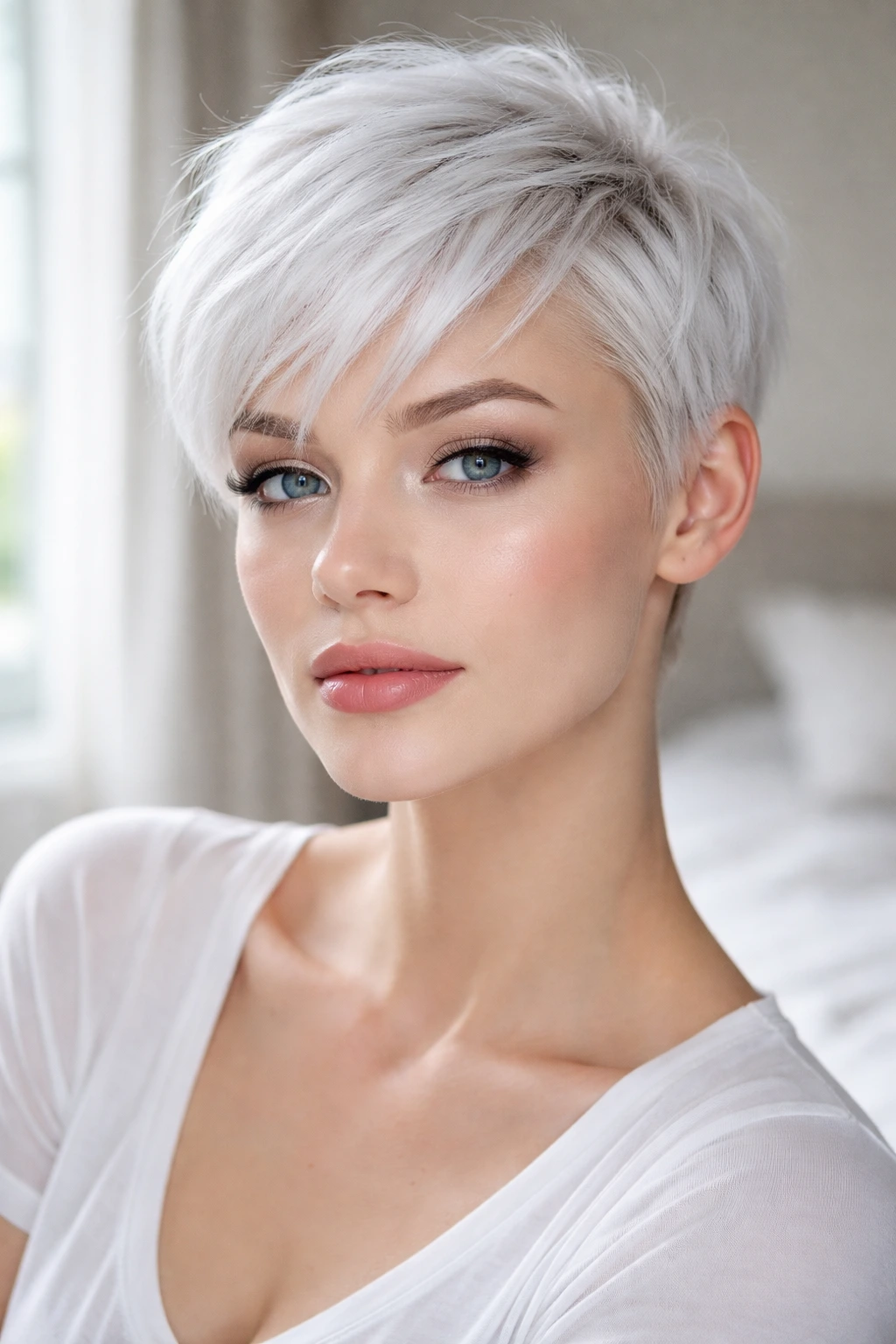 Close-up portrait of a real person with an icy white pixie cut, bold facial features and cool undertones.