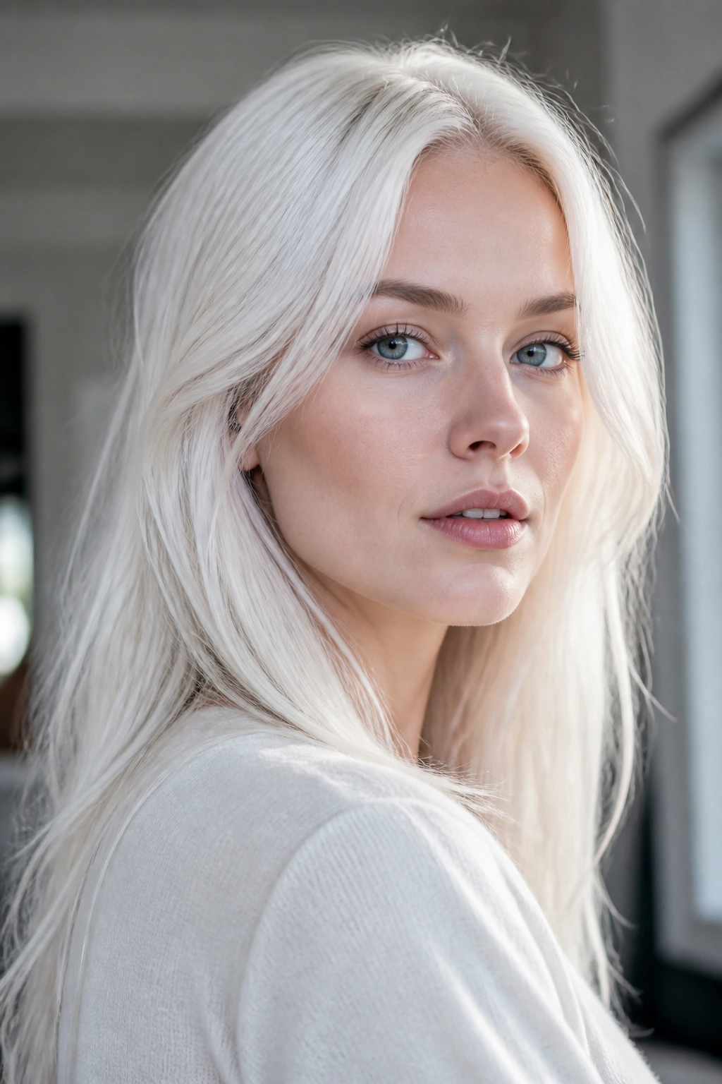 Close-up of a woman with icy white platinum hair and cool skin under natural daylight