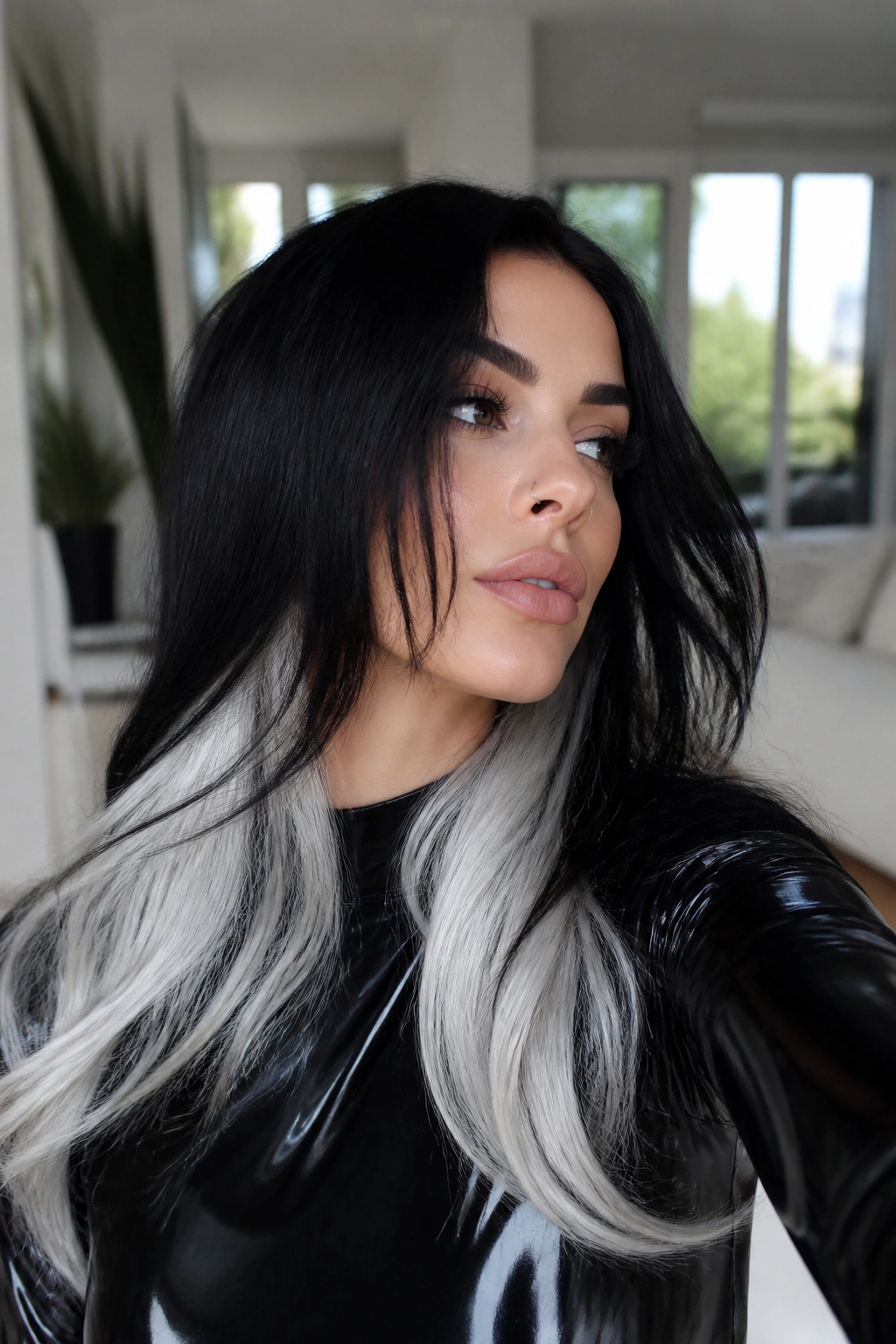 Close-up of hair with icy white underlayers peeking from the lower third under a glossy black top.