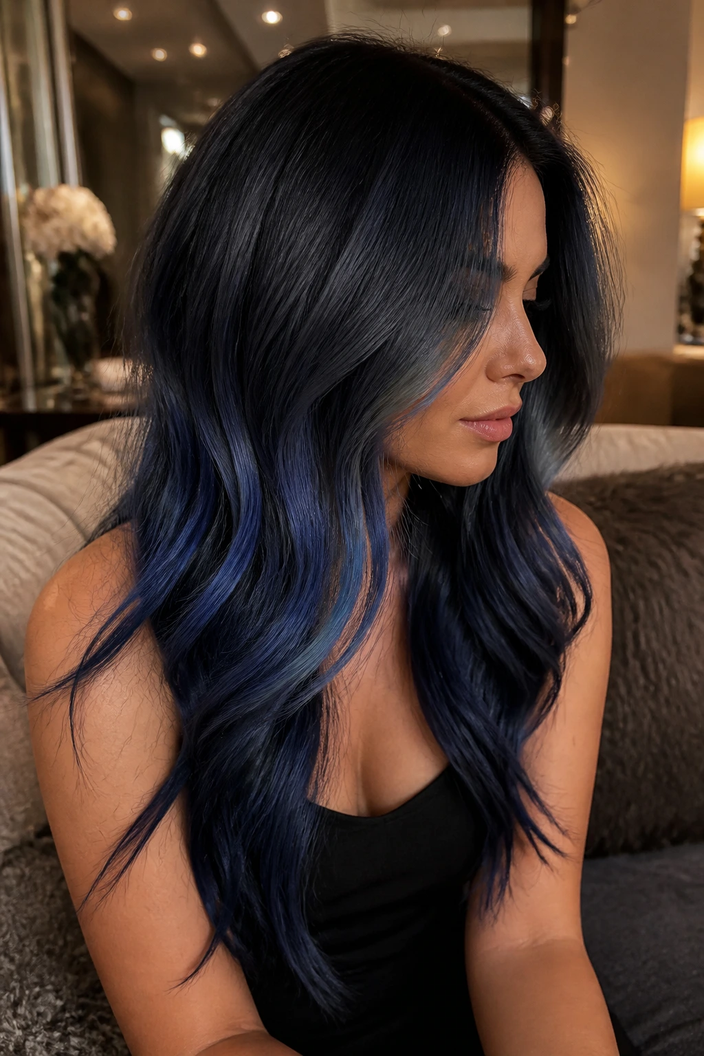 Portrait of a woman with smoky indigo balayage on long hair.