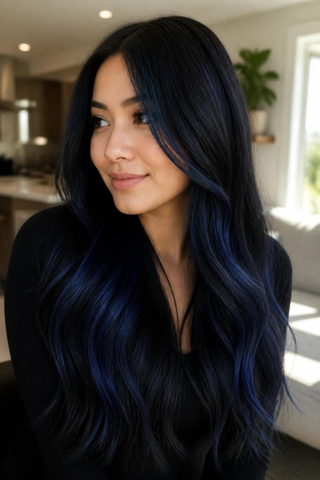 Portrait of a person with Indigo balayage on a midnight blue-black base hair.