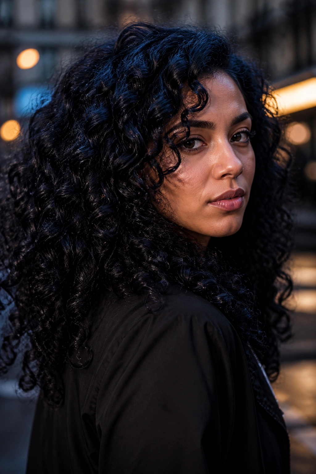 Real person with indigo-black curls shimmering in light