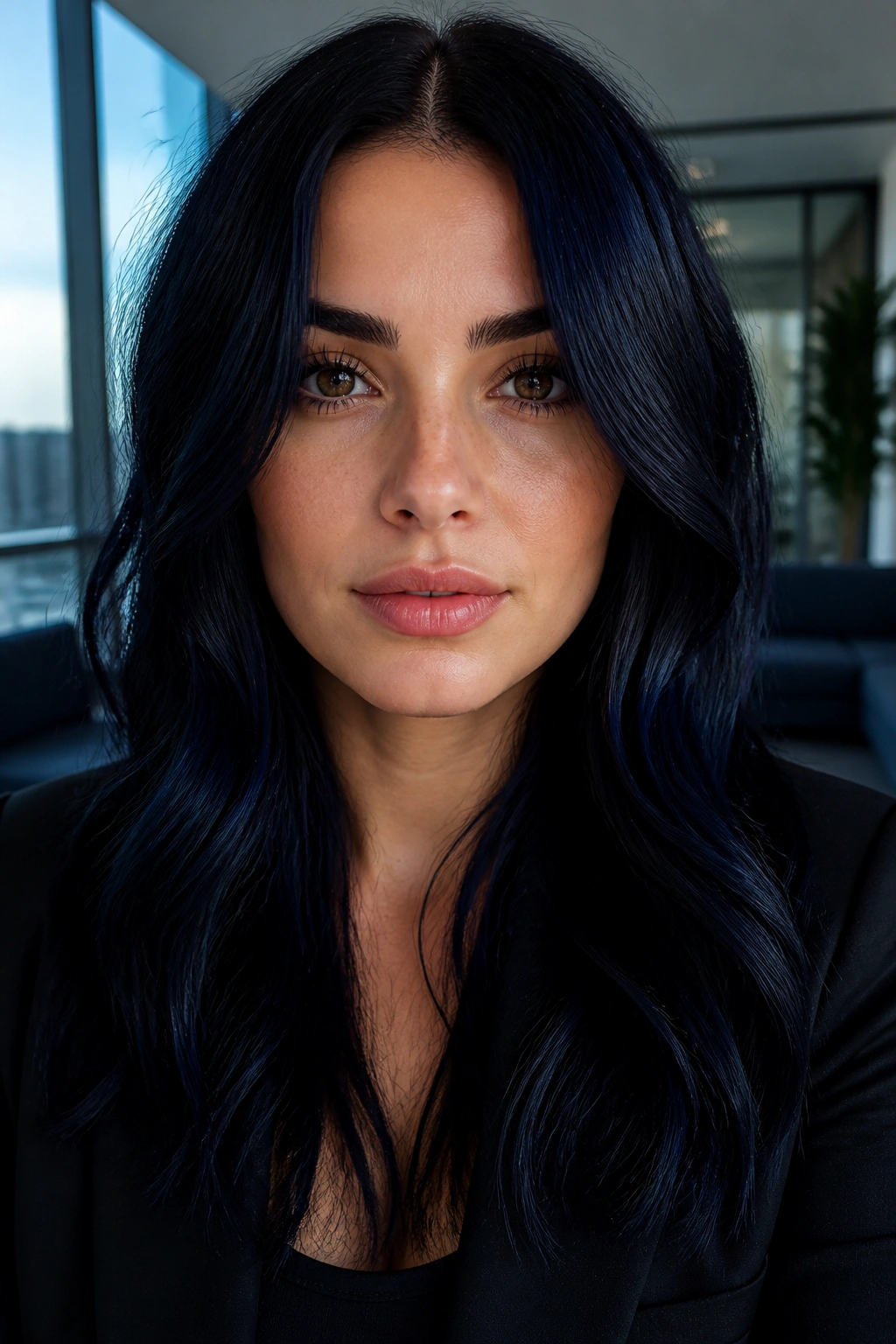Close-up portrait of a real person with indigo-tinted black hair