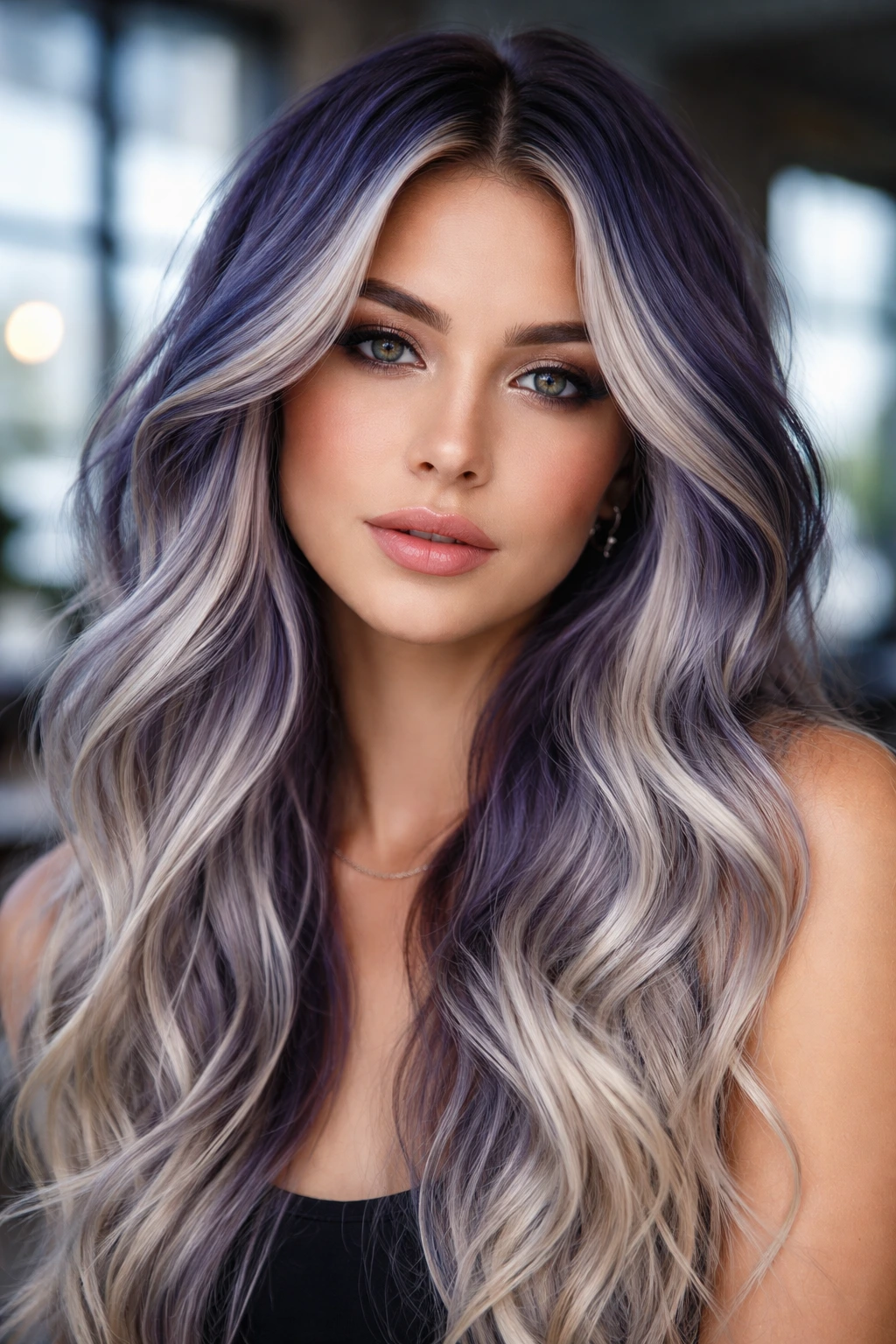 Close-up of a real person with indigo melted into blonde in an urban loft setting