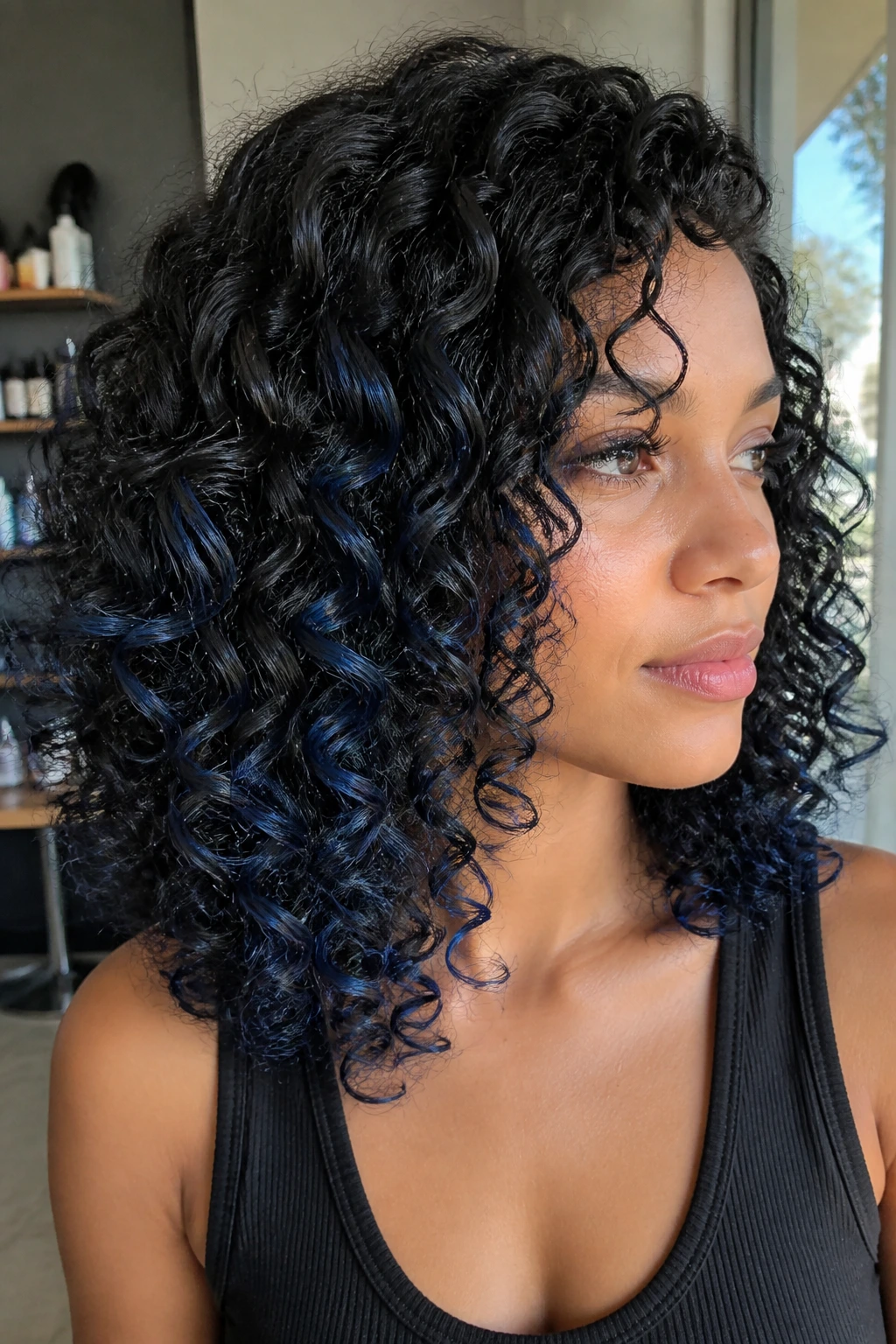 Close-up of a real woman with indigo curly balayage following curl patterns in natural salon light.