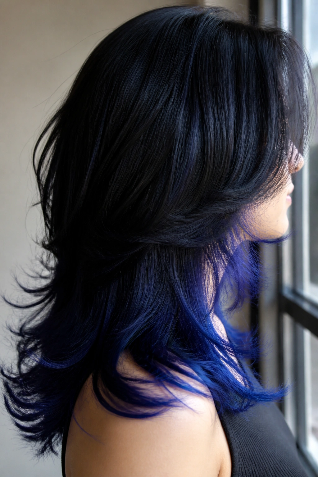 Back-of-head portrait showing indigo ends on layered hair