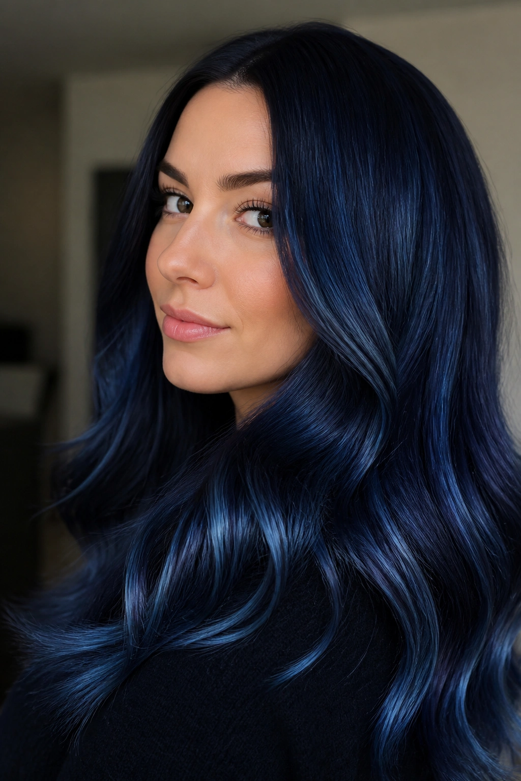 Close-up of deep indigo hair with silver-blue glaze on a real person