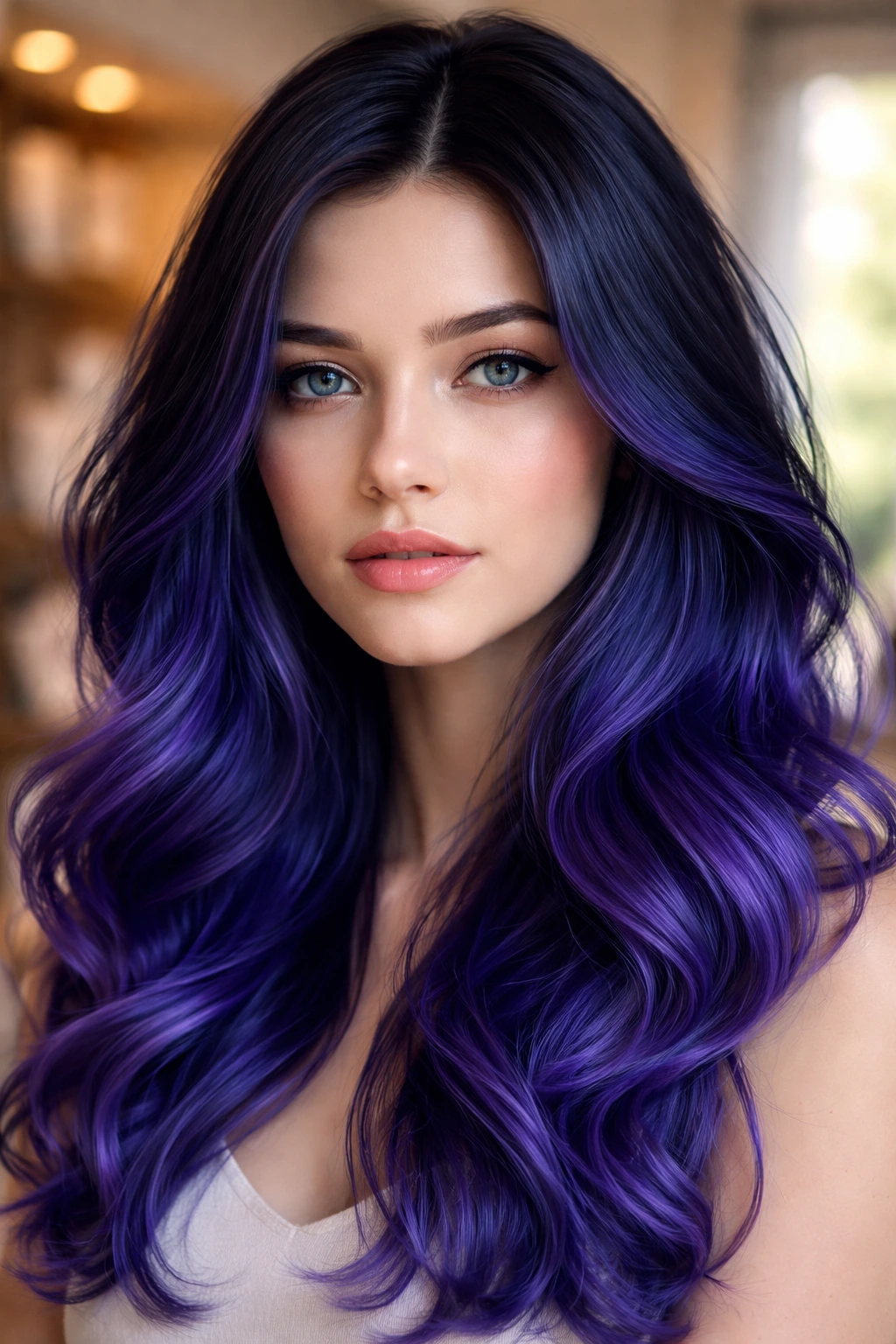 Close-up portrait of a real person with indigo gradient hair from roots to ends