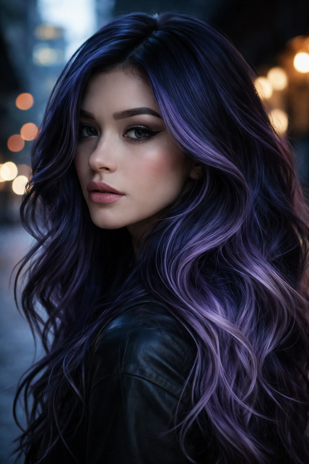 Close-up of deep indigo-lilac accents in hair on a real person at blue hour
