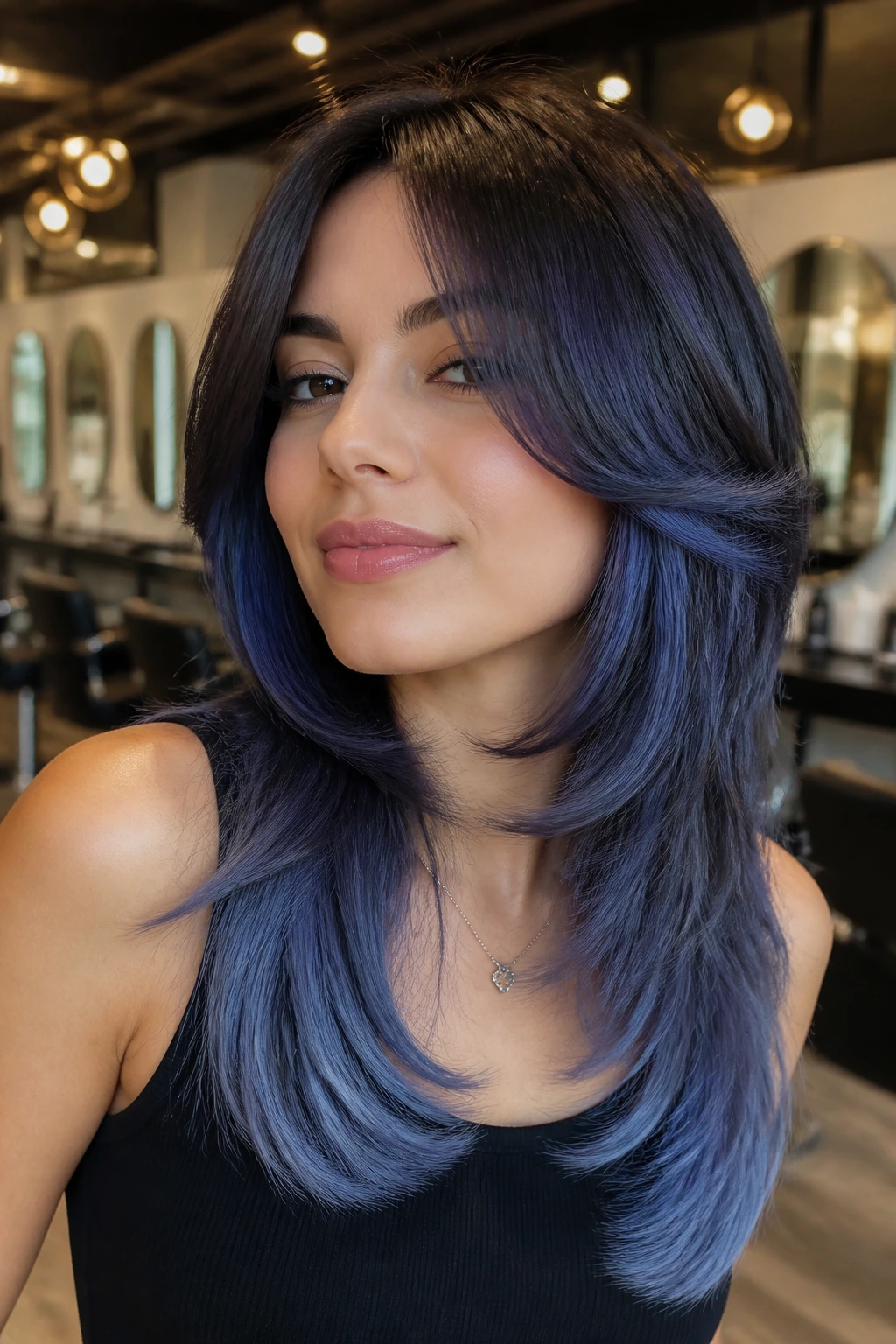 Close-up portrait of a real person with an indigo melt butterfly cut