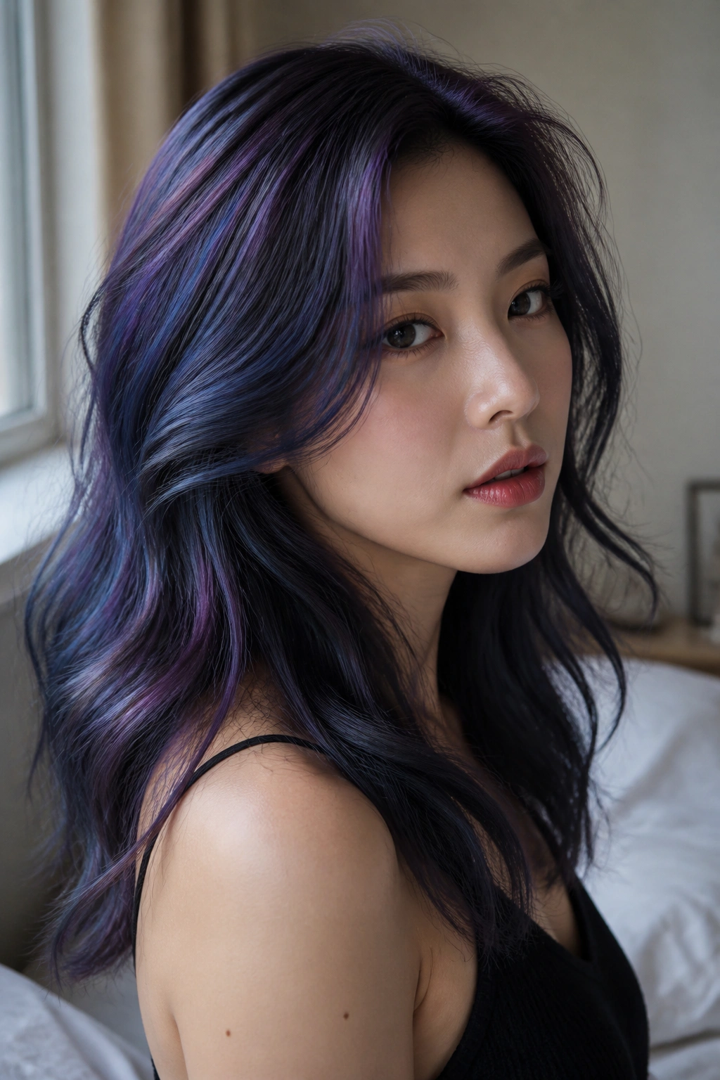 Close-up of a real person with smoky indigo melt hair, blue-violet shine.
